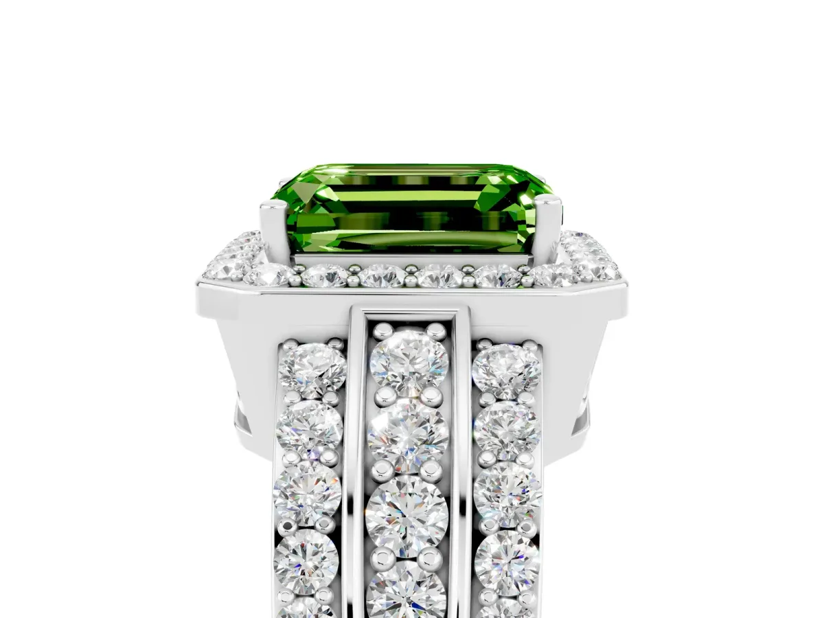 Emerald Cut Halo Peridot Ring with Round Split Shank and Prong Setting Silver