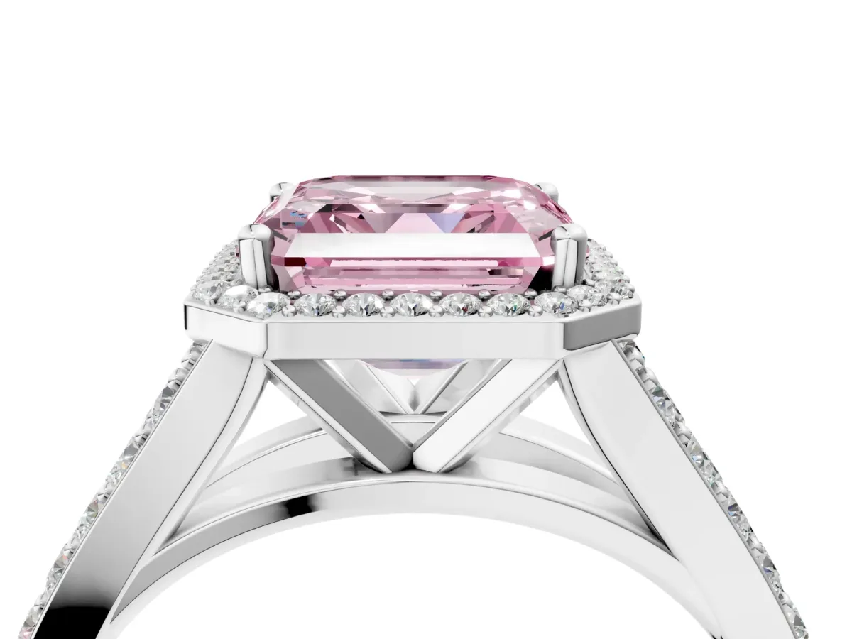 Fancy Pink Asscher Cut Diamond Split Shank Halo Ring with Four-Prong Setting Platinum