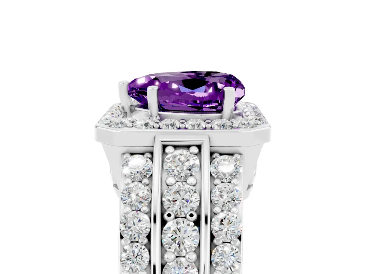 Heart Cut Halo Amethyst Ring with Round Split Shank and Prong Setting White gold