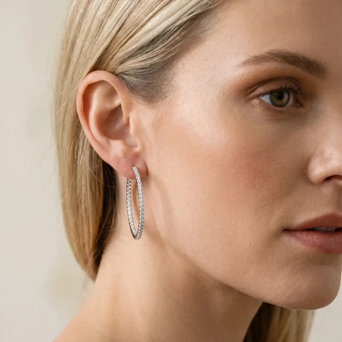 Round Diamond Pave Hoop Earrings with Prong Setting White gold