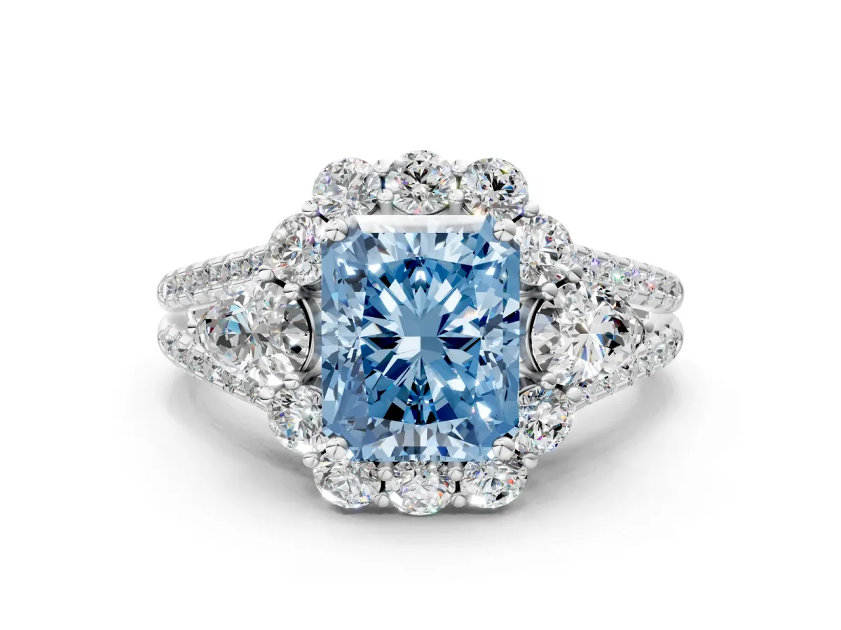 Fancy Blue Radiant Cut Halo Split Shank Diamond Engagement Ring with Prong Setting Platinum