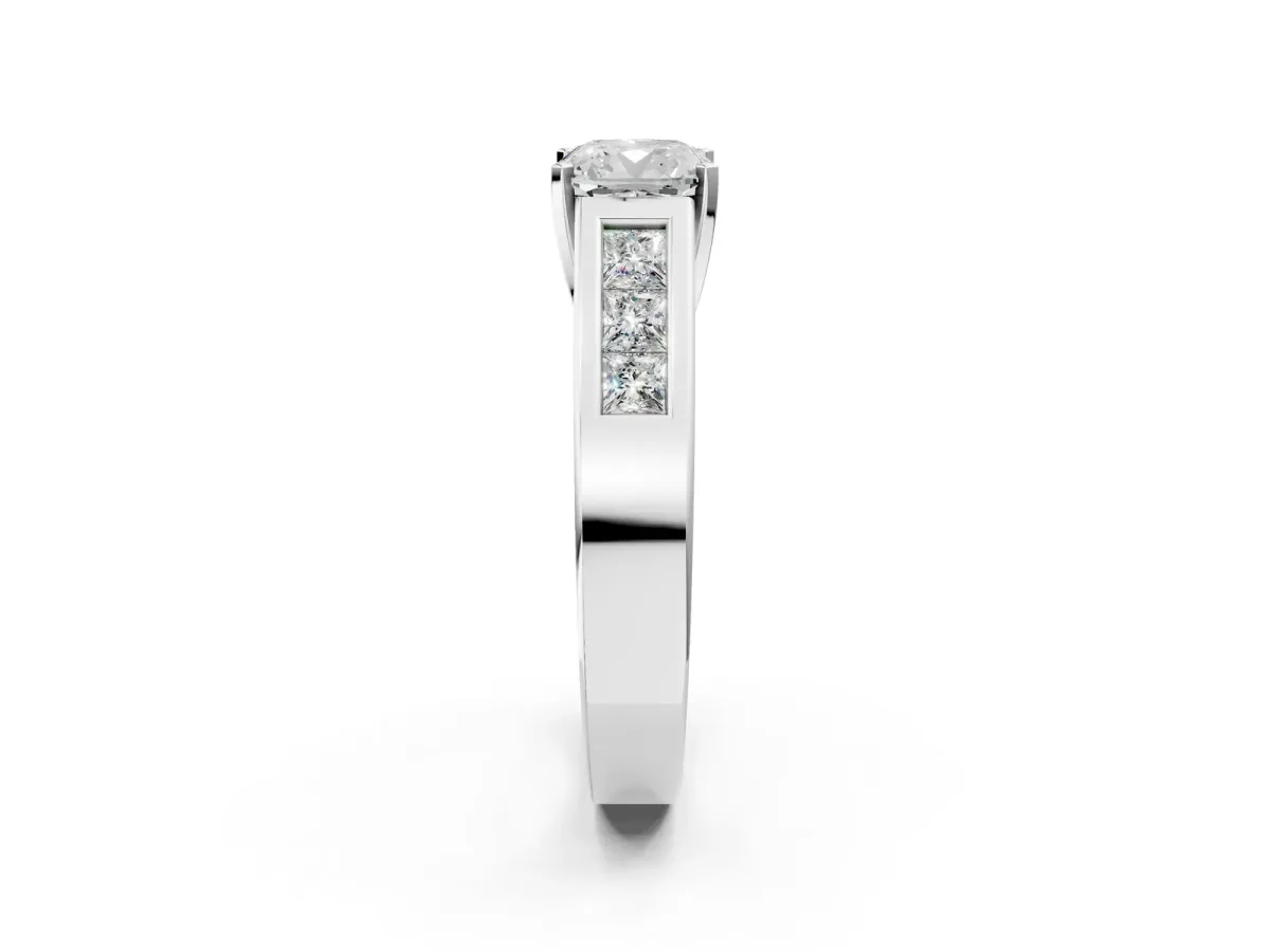 Cushion Cut Cut Channel Set Solitaire Ring with Four-Prong Setting Platinum