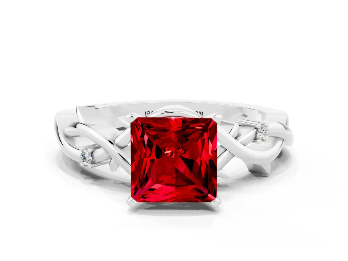Princess Cut Ruby Solitaire Ring with Twisted Band and Prong Setting White gold