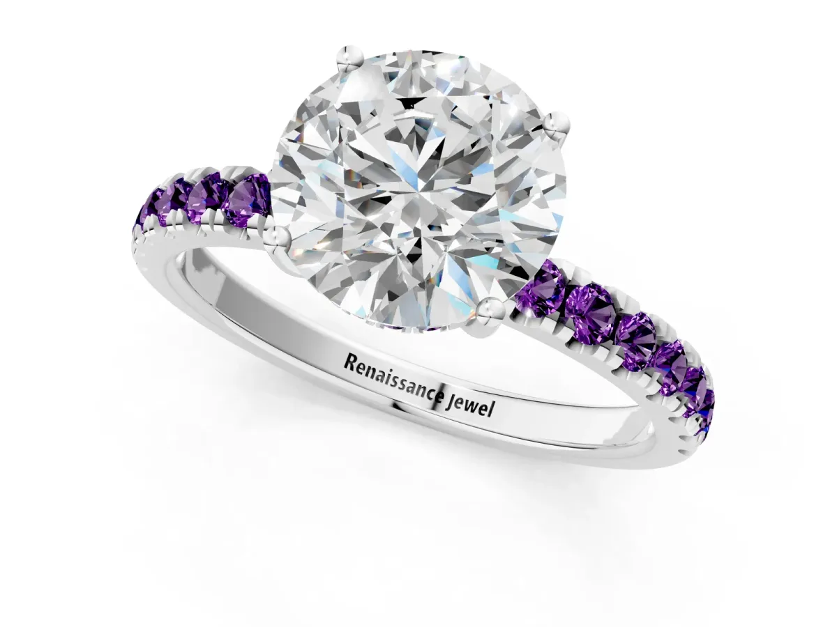 Round Cut Diamond Pave Band Solitaire Ring with Round Amethyst and Prong Setting Silver