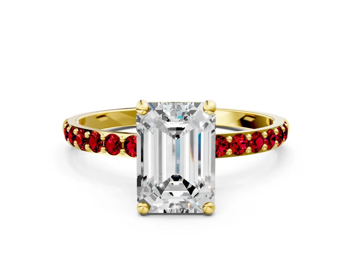 Emerald Cut Diamond Solitaire Ring with Round Ruby Pavé Band and Prong Setting Yellow gold