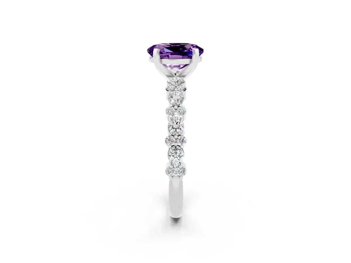 Oval Cut Amethyst Side Stone Solitaire Ring with Round and Four-Prong Setting Silver