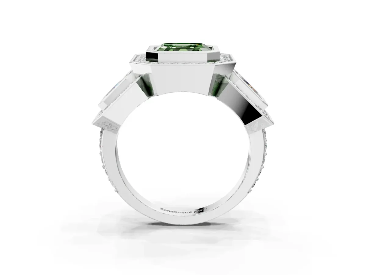 Fancy Green Three-Stone Asscher Cut Halo Pavé Diamond Ring Platinum