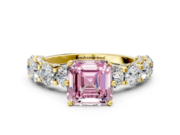 Fancy Pink Asscher Cut Diamond Side Stone Engagement Ring with Four-Prong Setting Yellow gold