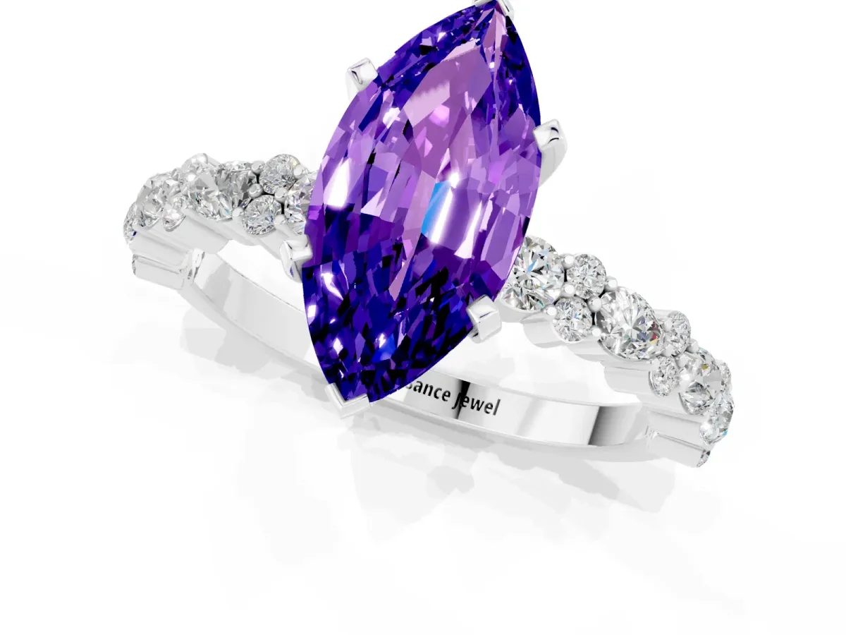 Marquise Cut Tanzanite Side Stone Solitaire Ring with Round and Four-Prong Setting Platinum
