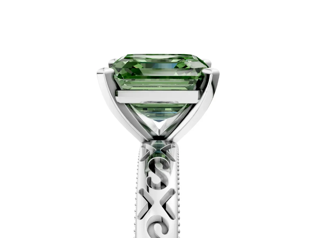 Fancy Green Asscher Cut Solitaire Engagement Ring with Scrollwork Band and Four-Prong Setting Platinum