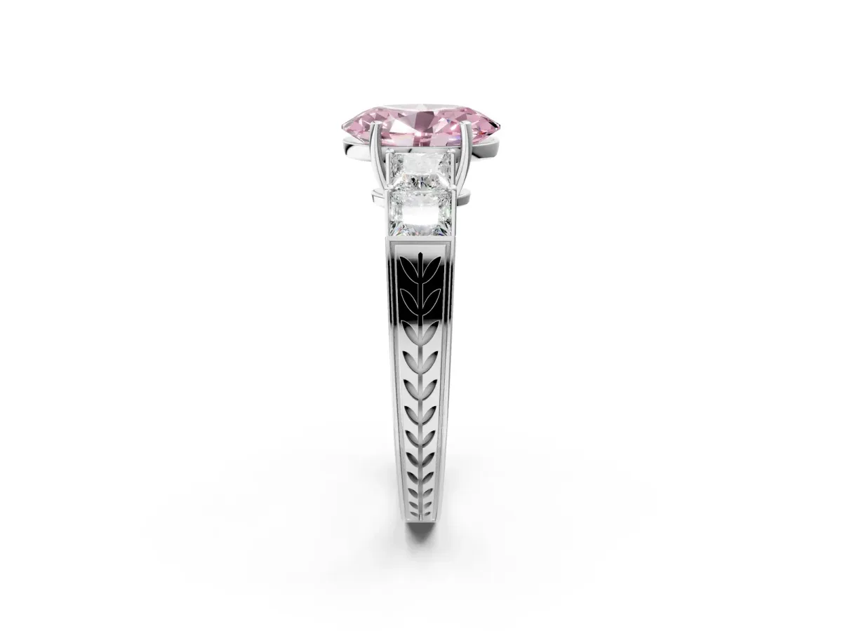 Fancy Pink Oval Cut Solitaire Princess Side Stone Engraved Band Prong Setting Ring Platinum