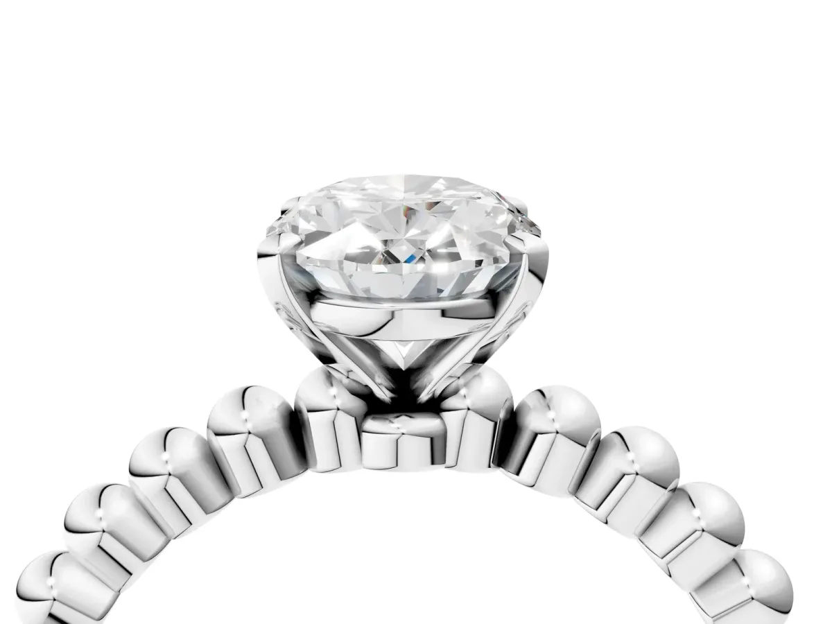 Oval Cut Diamond Solitaire Ring with Beaded Band and Prong Setting Silver