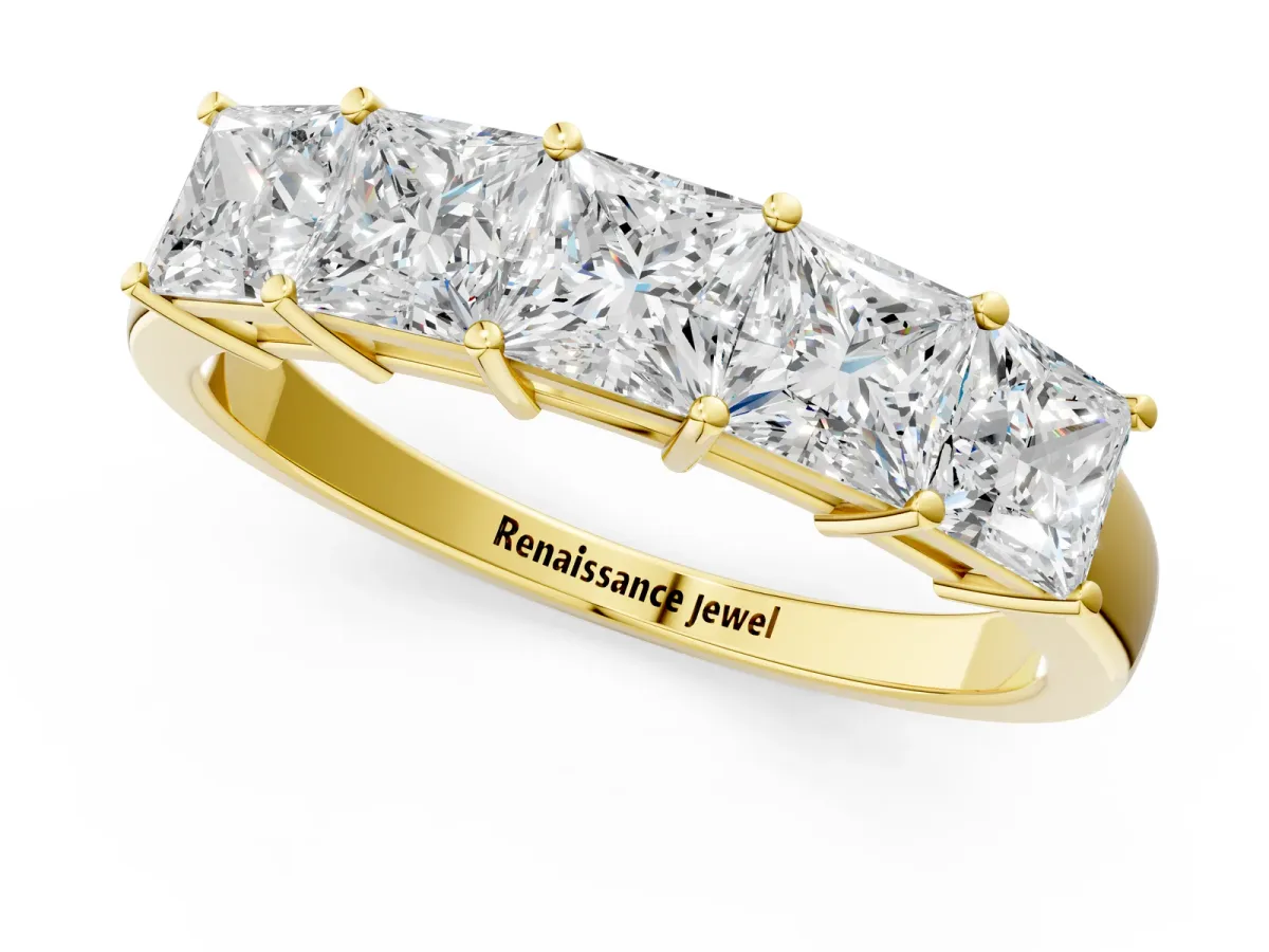 Princess Cut Five-Stone Diamond Band with Prong Setting Yellow gold