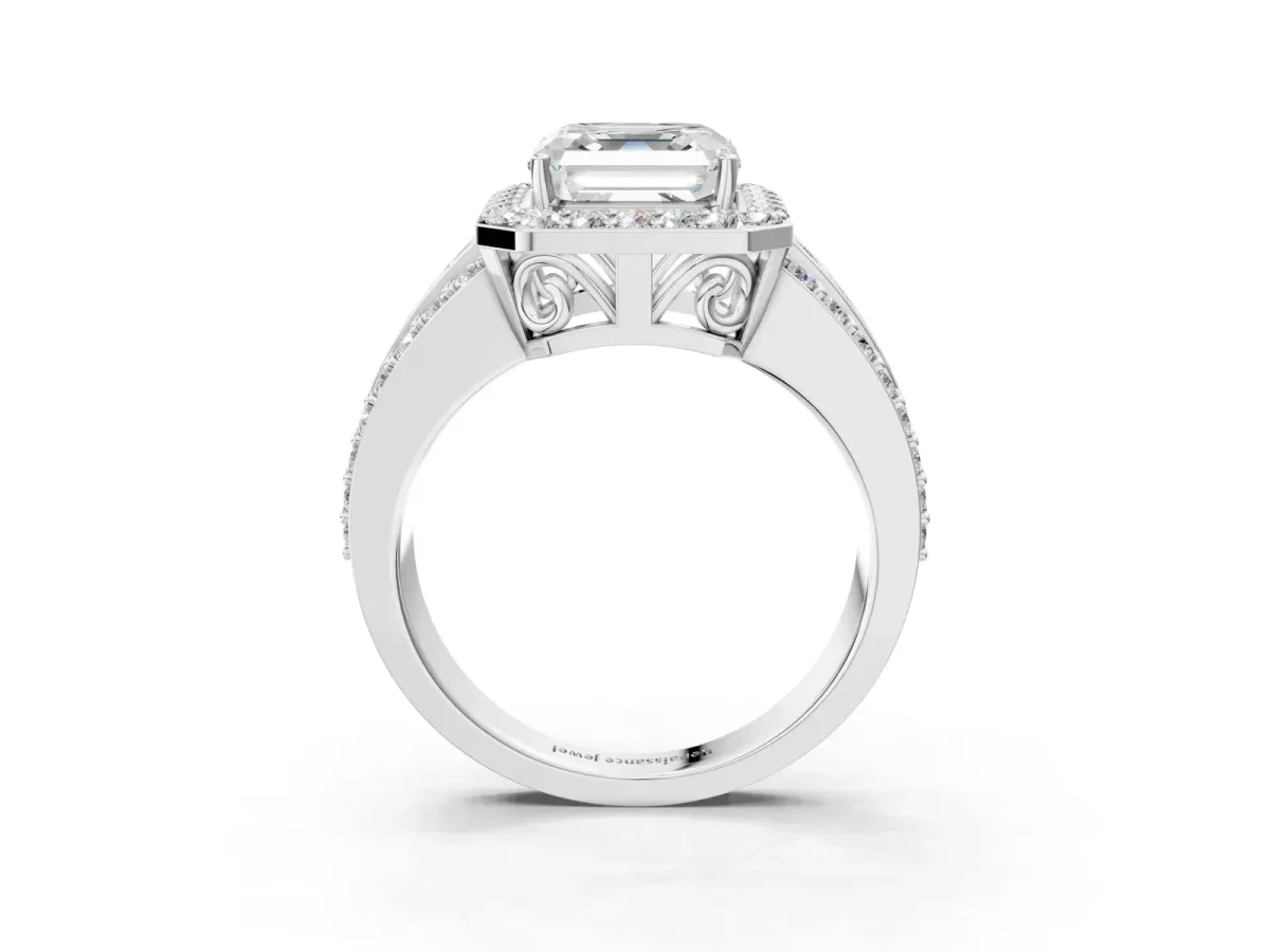 Asscher Cut Halo Diamond Ring with Round Split Shank and Prong Setting Platinum