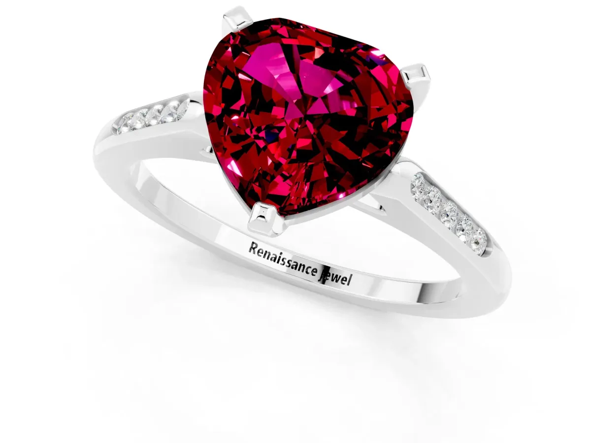 Heart Cut Garnet Solitaire Ring with Channel Set Round Band and Prong Setting Silver