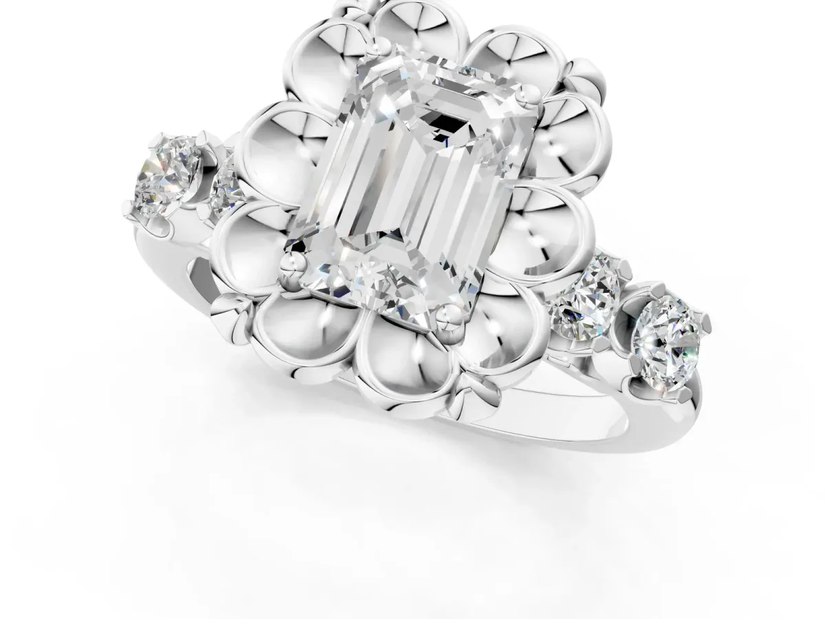 Emerald Cut Cut Diamond Floral Halo Engagement Ring with Shared Prong Setting Silver