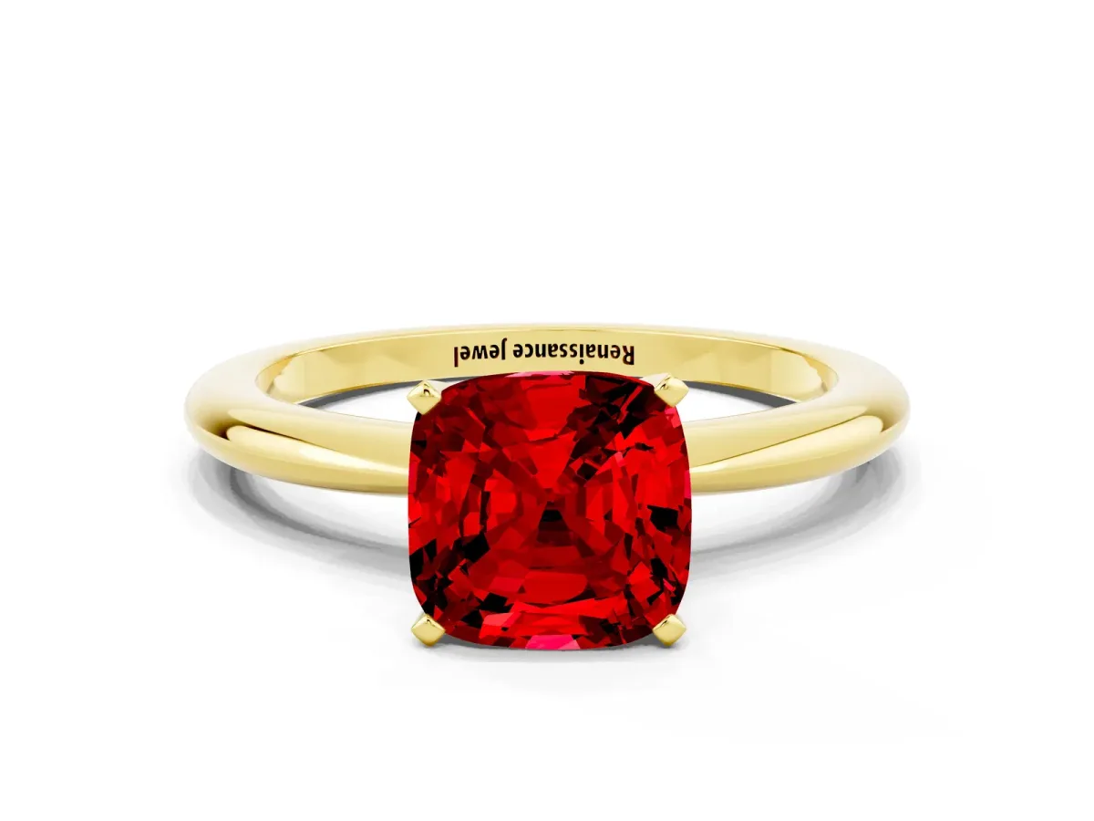 Cushion Cut Ruby Solitaire Ring with Six-Prong Setting and Classic Band Yellow gold