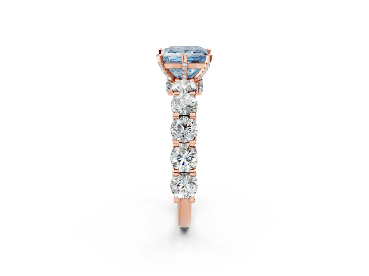 Fancy Blue Princess Cut Diamond Side Stone Engagement Ring with Four-Prong Setting Rose gold