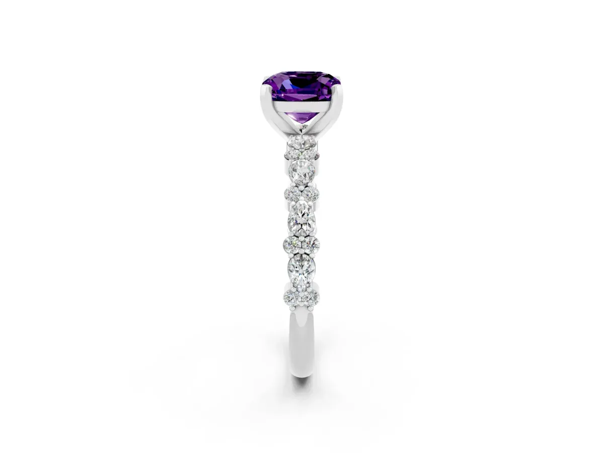 Cushion Cut Amethyst Side Stone Solitaire Ring with Round and Four-Prong Setting Platinum