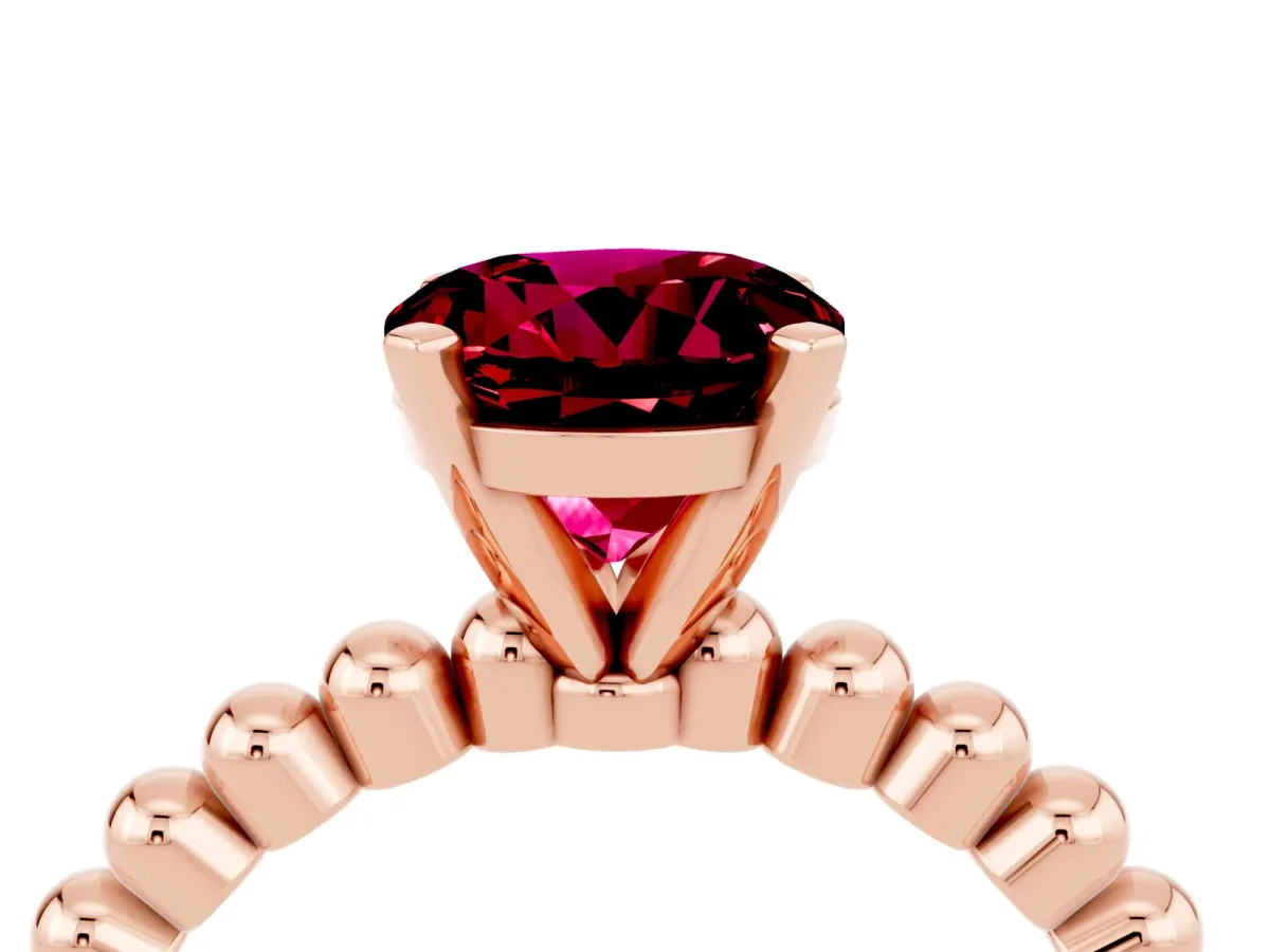 Round Cut Garnet Solitaire Ring with Beaded Band and Prong Setting Rose gold