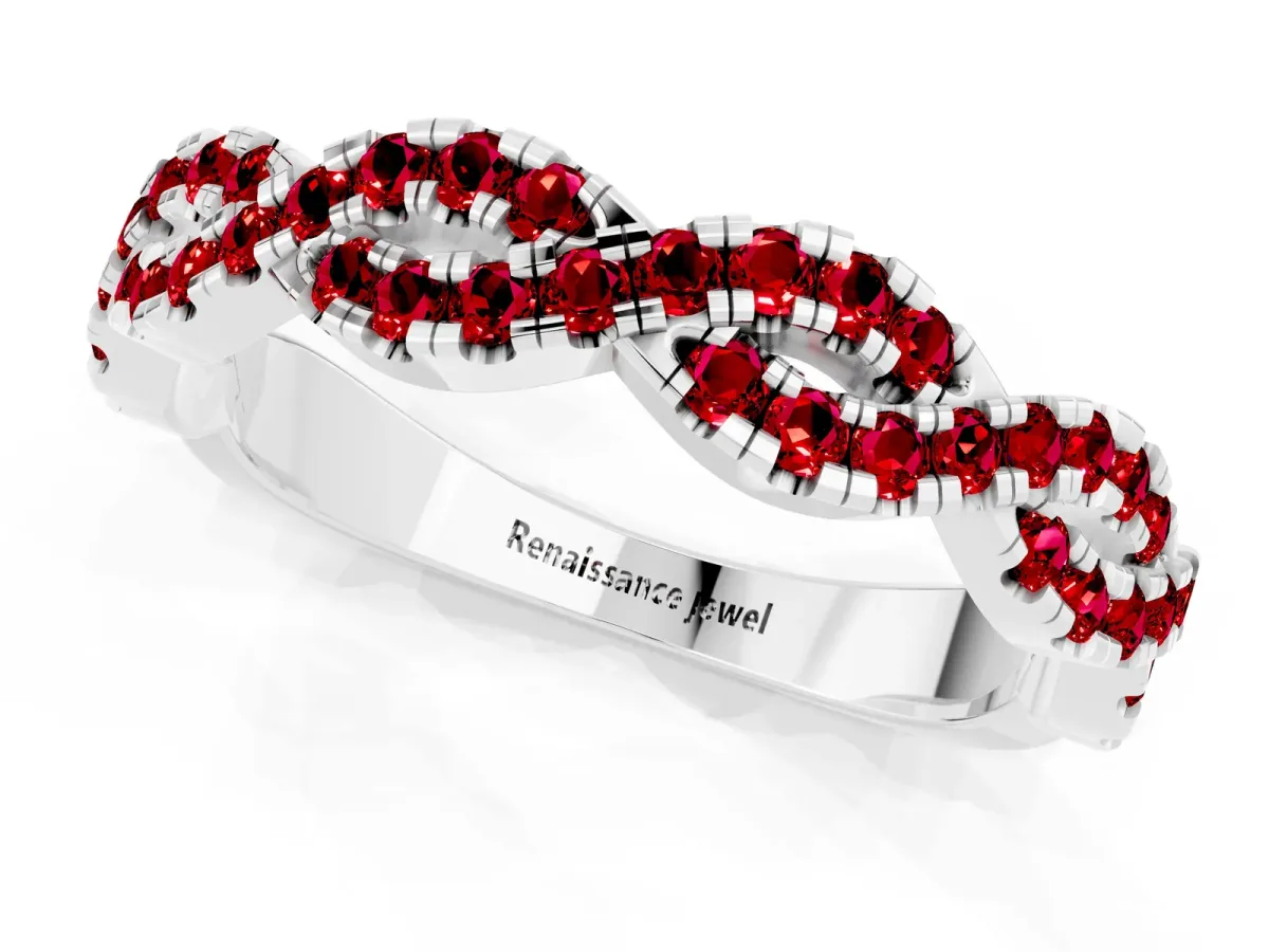 Round Ruby Twisted Eternity Band with Pavé and Shared Prong Setting Silver