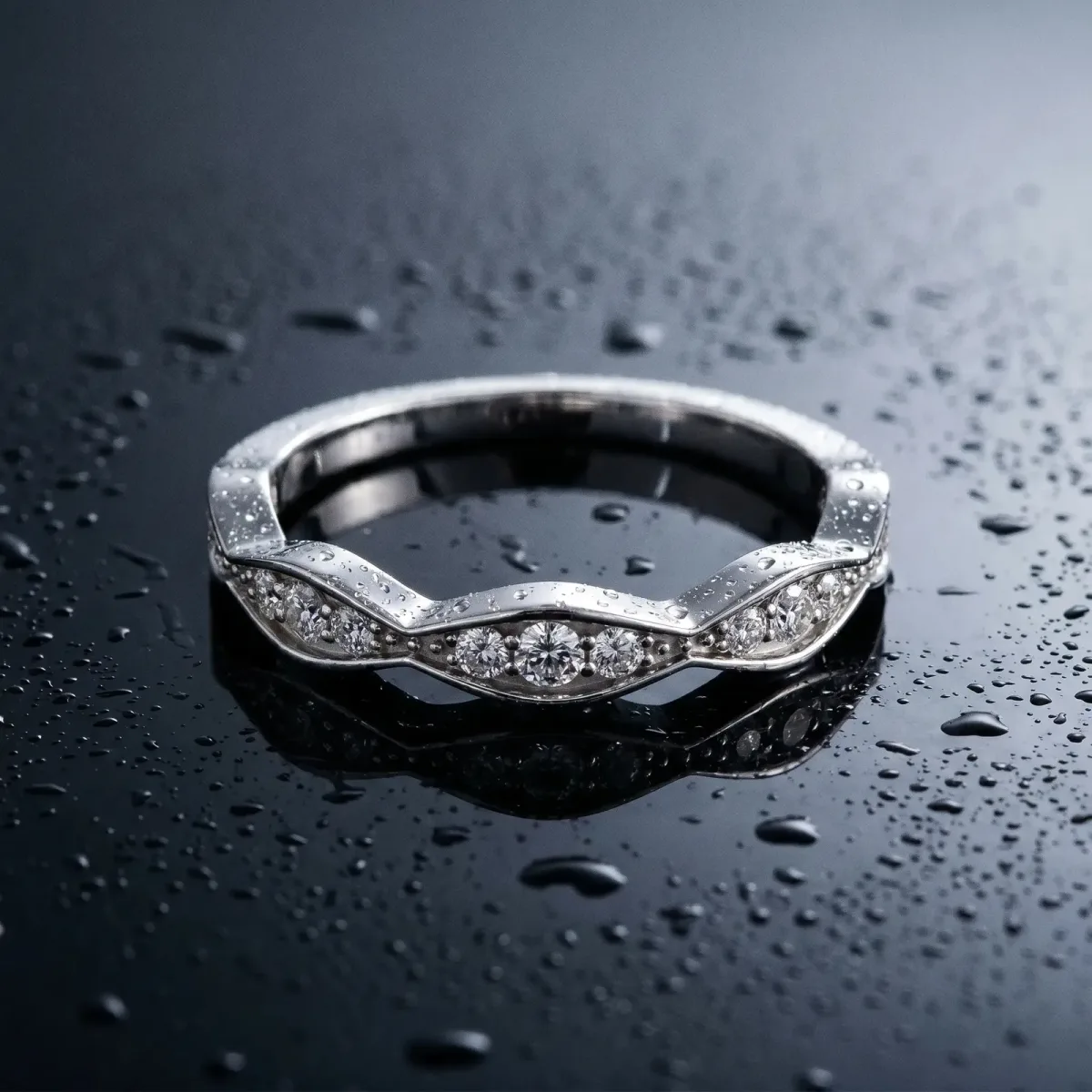 Round Diamond Scalloped Pavé Eternity Band Silver