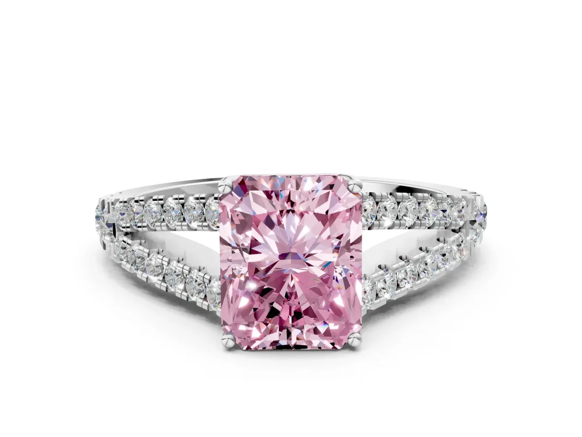 Fancy Pink Radiant Cut Diamond Split Shank Engagement Ring with Round Pavé and Prong Setting Platinum