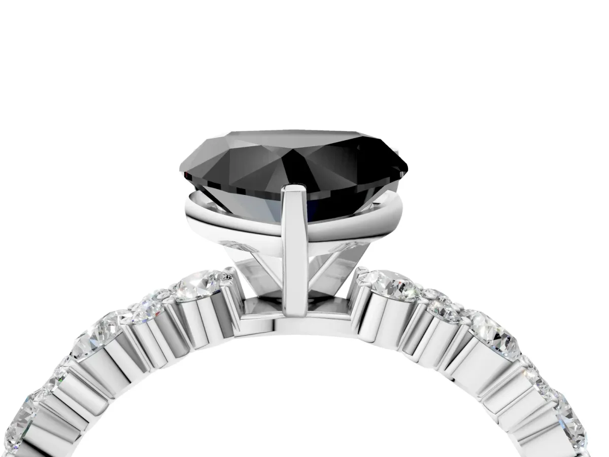 Fancy Black Heart Cut Diamond Side Stone Solitaire Ring with Round and Four-Prong Setting Silver