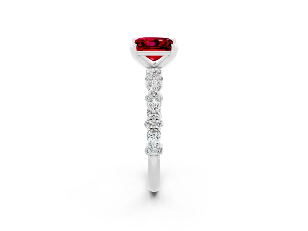 Princess Cut Ruby Side Stone Solitaire Ring with Round and Four-Prong Setting Silver