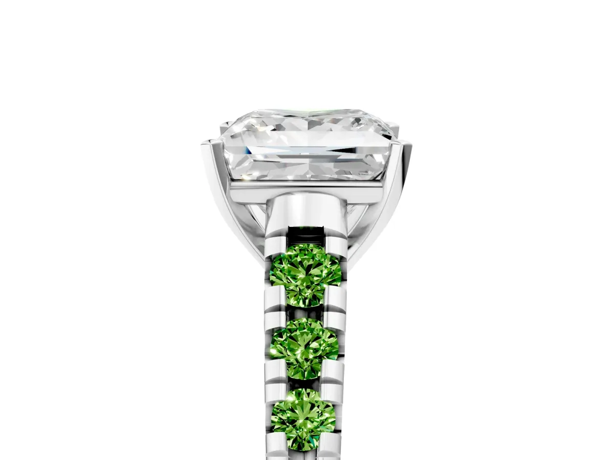 Princess Cut Diamond Cathedral Solitaire Ring with Round Peridot Pavé Band Silver