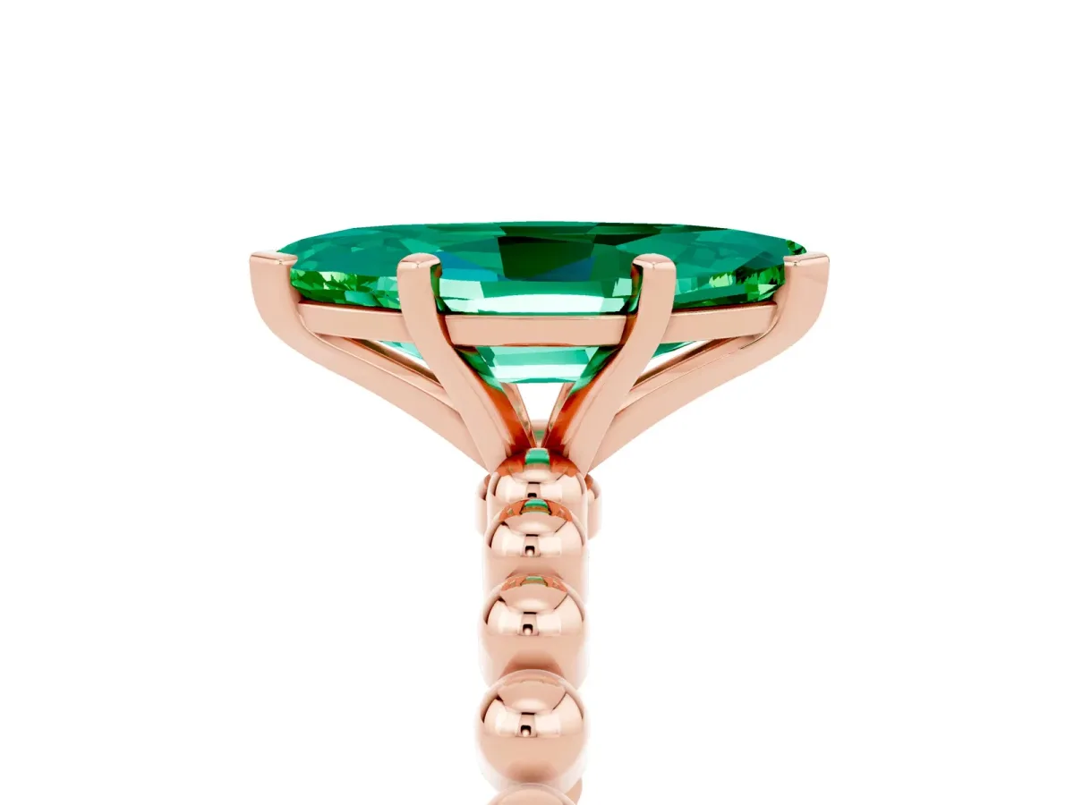 Marquise Cut Emerald Solitaire Ring with Beaded Band and Prong Setting Rose gold