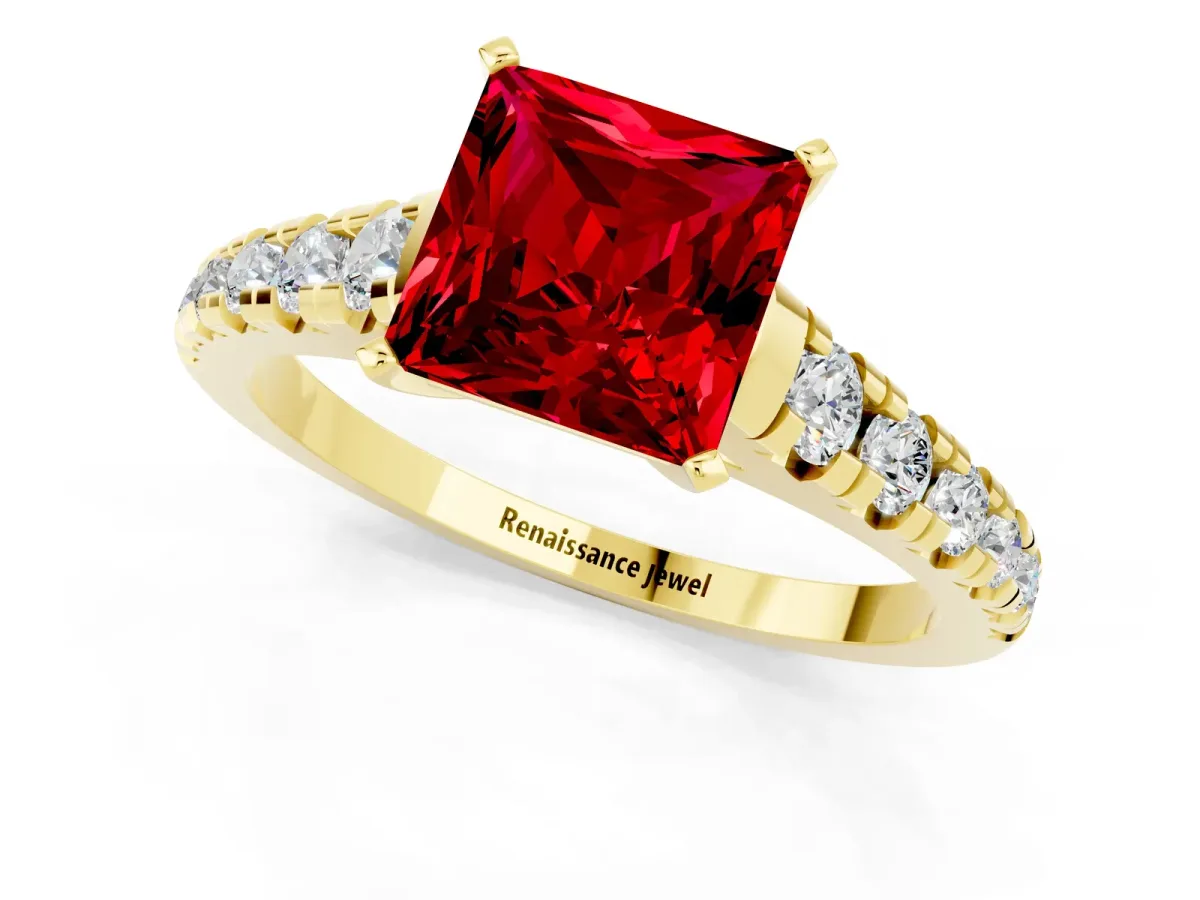 Princess Cut Ruby Cathedral Solitaire Ring with Round Pavé Band Yellow gold