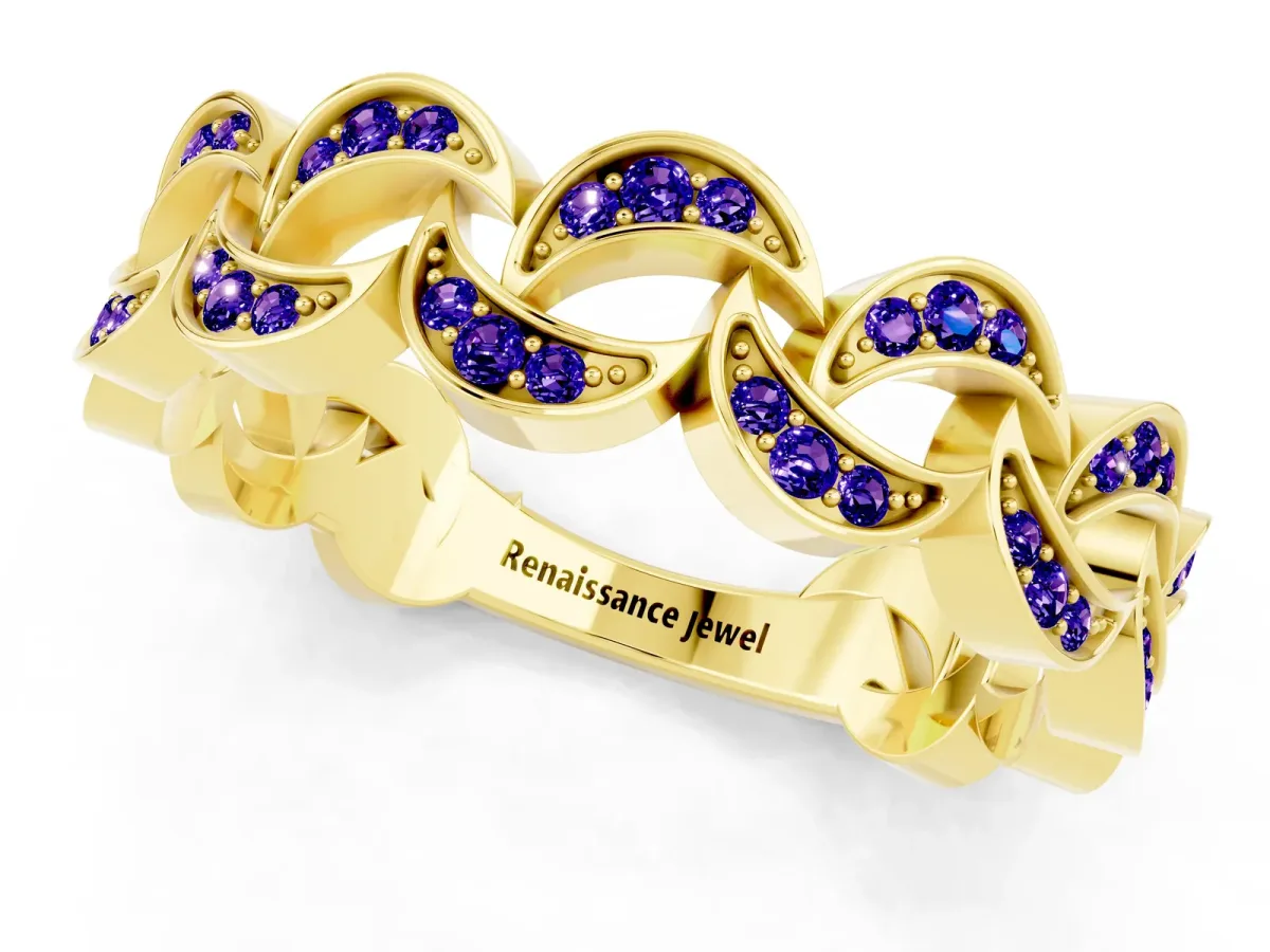 Pavé Round Tanzanite Interlocking Eternity Band with Bezel Prong Setting Yellow gold