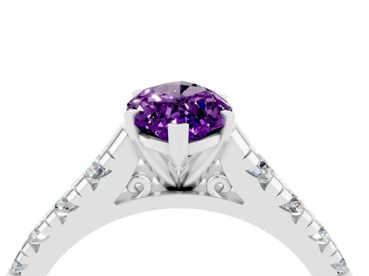 Marquise Cut Amethyst Cathedral Solitaire Ring with Round Pavé Band Platinum