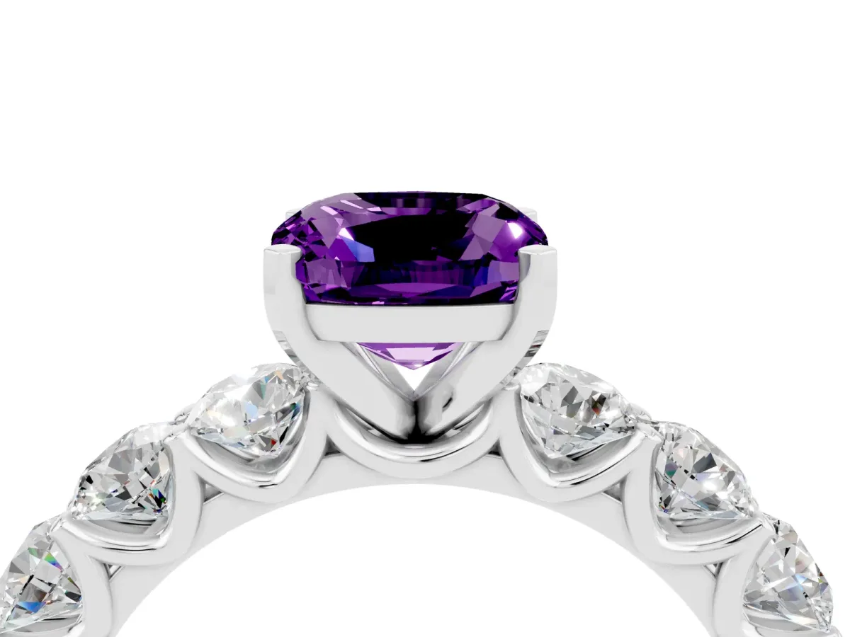 Cushion Cut Amethyst Prong Setting with Side Stones on a Pave Band Silver