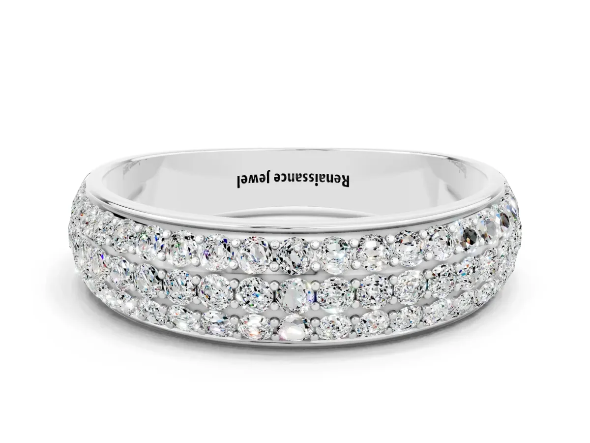 Three-Row Round Moissanite Eternity Band with Shared Prong Setting White gold