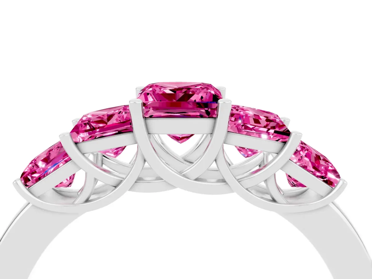 Princess Cut Five-Stone Pink Sapphire Ring with Classic Prong Setting Platinum