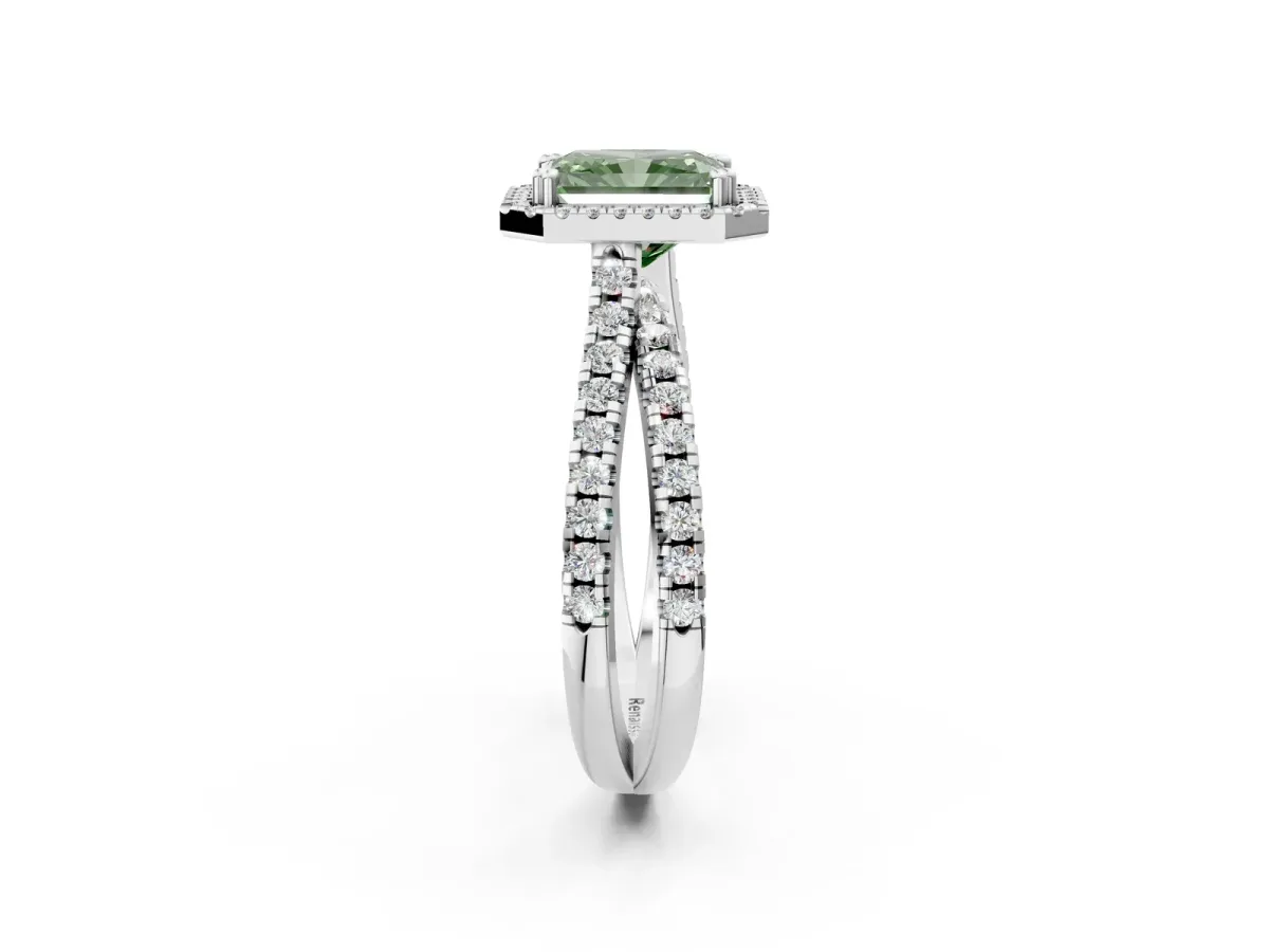 Fancy Green Radiant Cut Halo Split Shank Diamond Ring with Pavé Setting Platinum