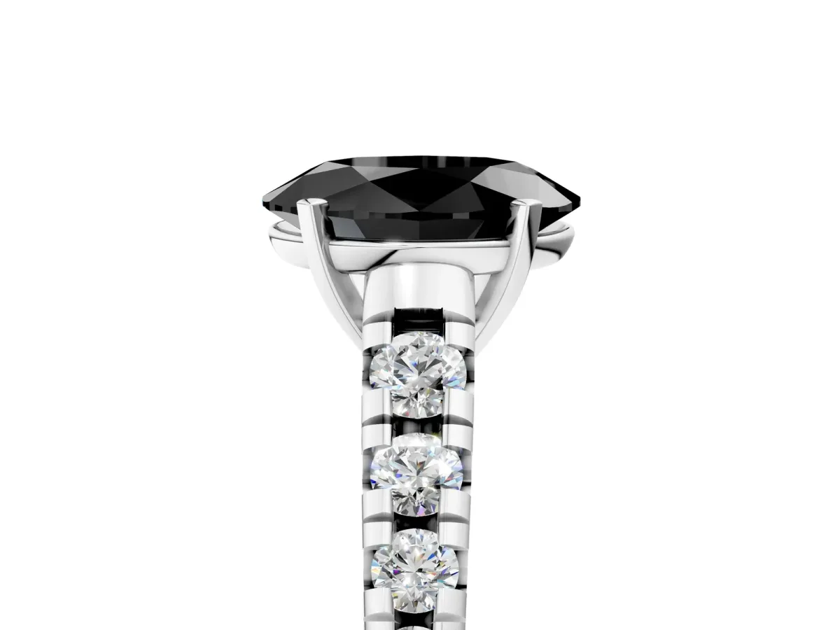 Fancy Black Oval Cut Diamond Cathedral Solitaire Ring with Round Pavé Band Silver