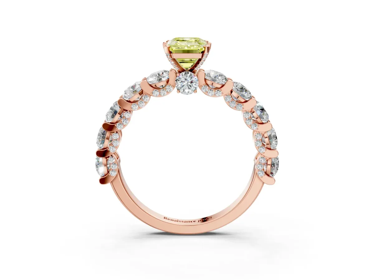 Fancy Yellow Emerald Cut Diamond Side Stone Engagement Ring with Four-Prong Setting Rose gold