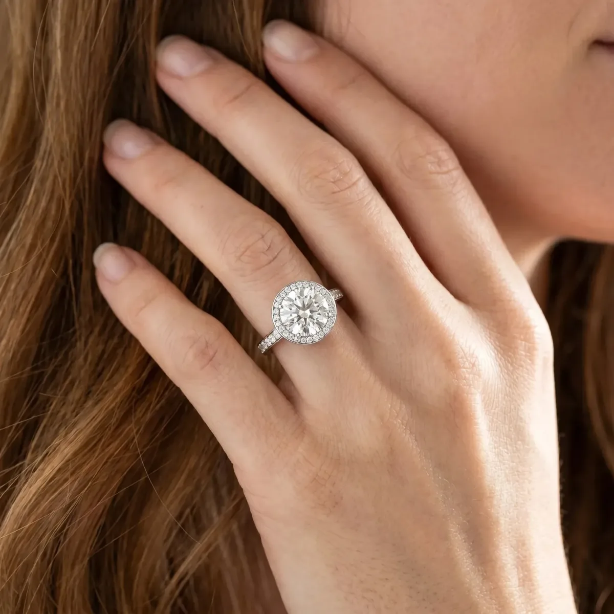 Round Cut Halo Pavé Diamond Engagement Ring with Bezel Setting Platinum