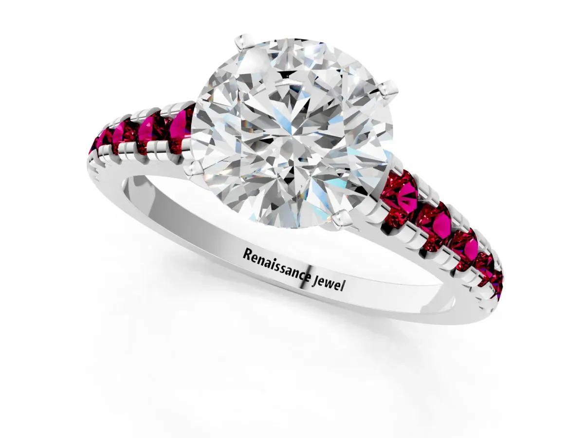 Round Cut Diamond Cathedral Solitaire Ring with Round Garnet Pavé Band Platinum