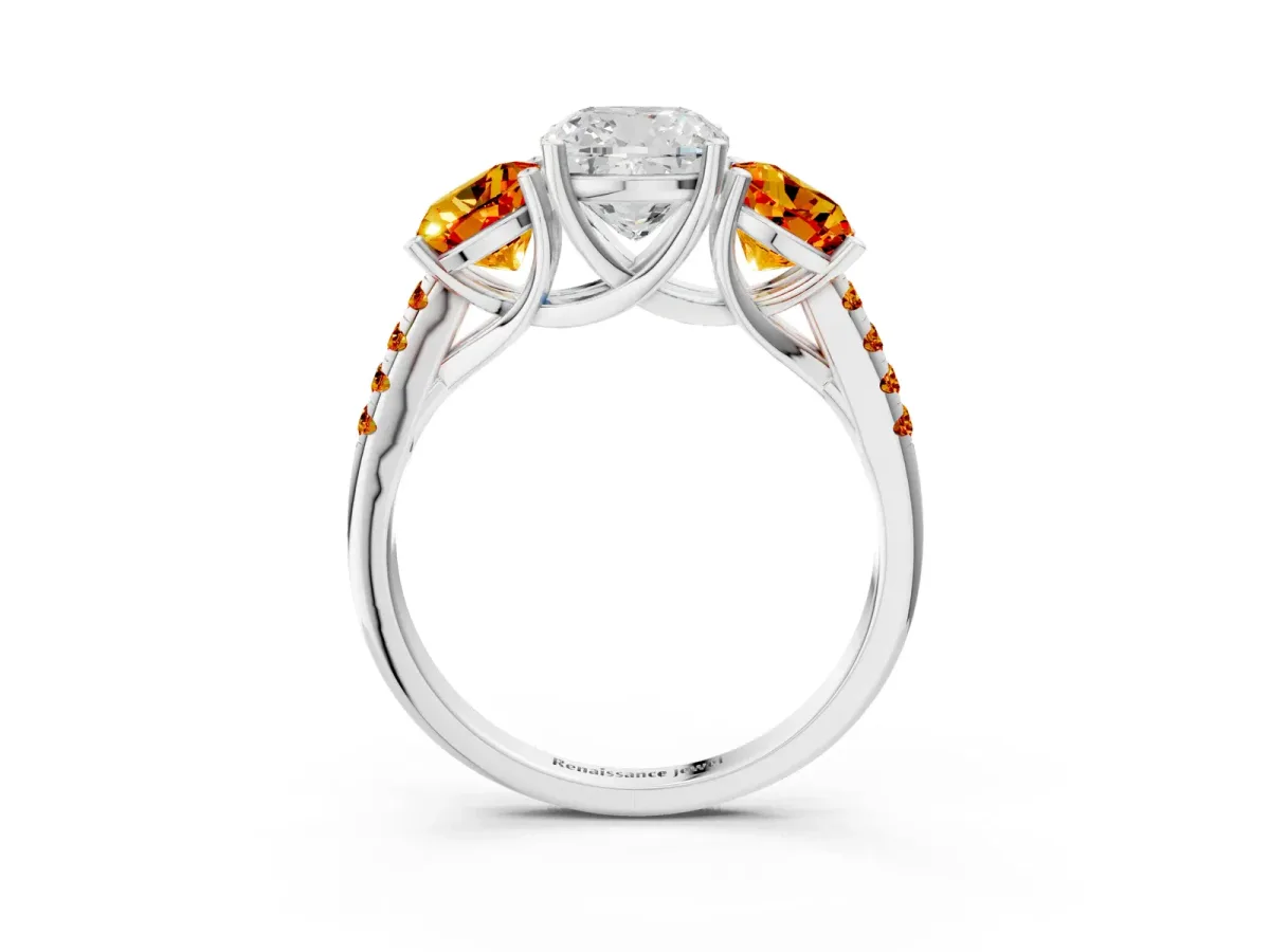 Three-Stone Cushion Cut Diamond Ring with Round Citrine Pavé Band and Prong Setting Silver