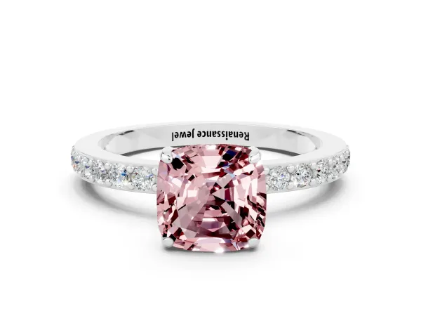 Cushion Cut Morganite Solitaire Engagement Ring with Pavé Band and Four-Prong Setting Platinum