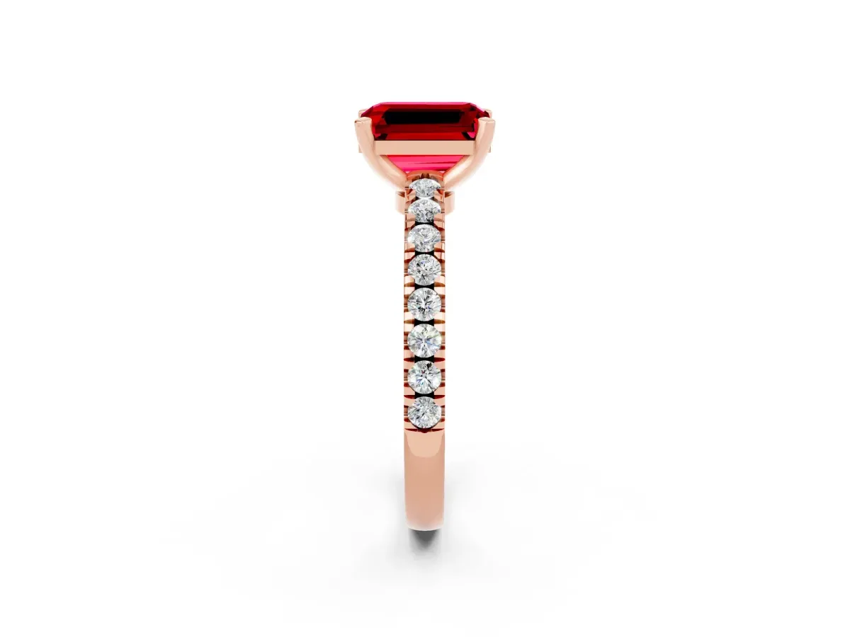 Emerald Cut Solitaire Ruby with Pavé Band and Four-Prong Setting Rose gold