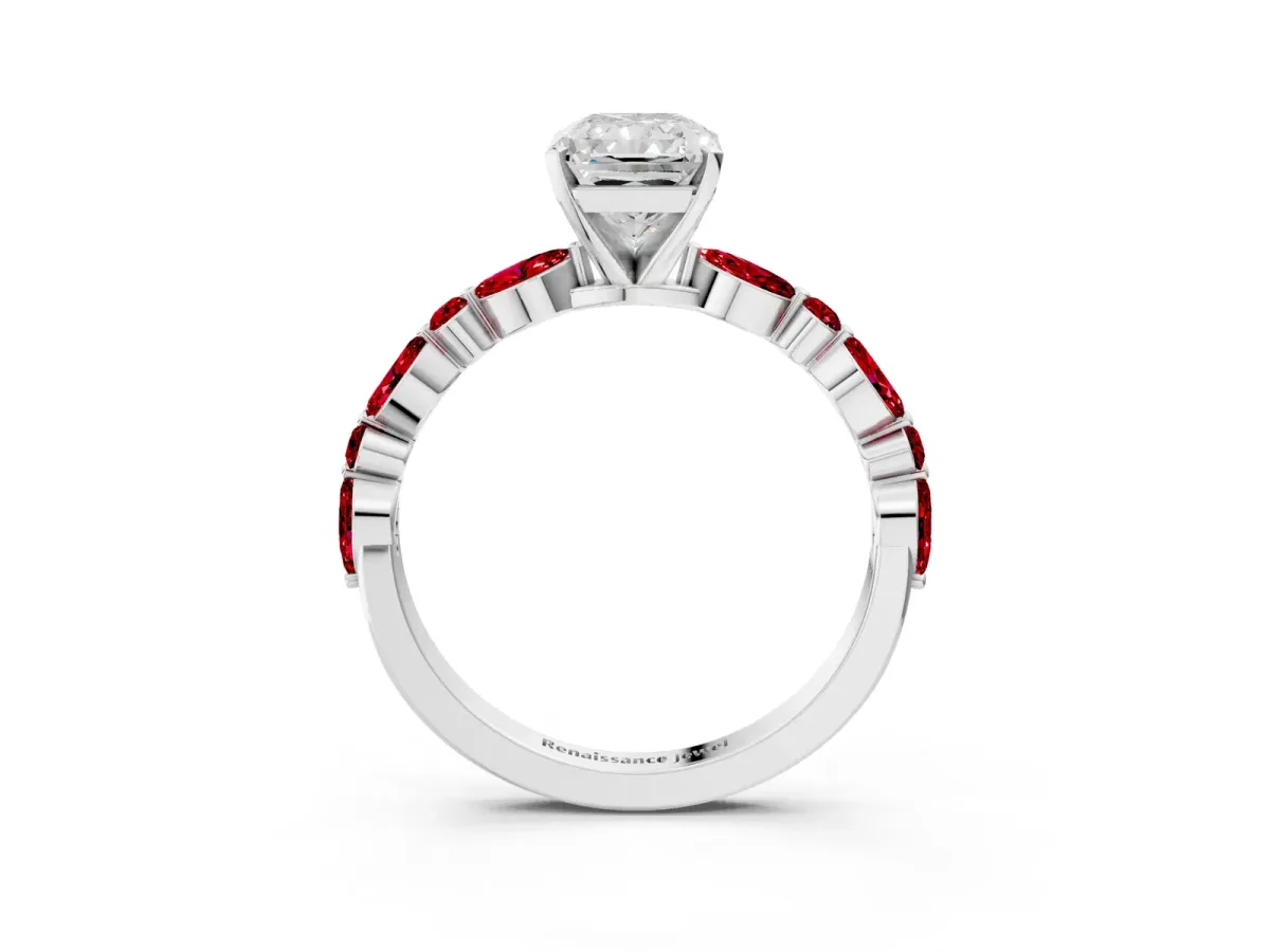 Radiant Cut Diamond Ring with Marquise and Round Ruby Side Stones and Four-Prong Setting Silver
