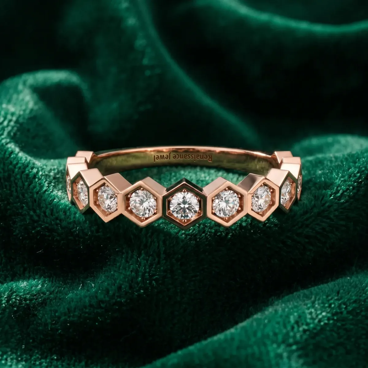 Hexagon Pave Diamond Eternity Band with Bezel Setting Rose gold