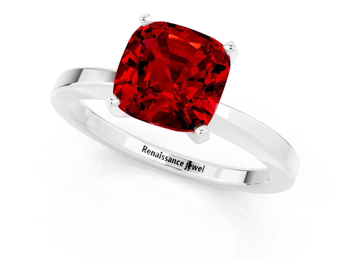 Cushion Cut Ruby Solitaire Engagement Ring with Classic Band and Four-Prong Setting Silver