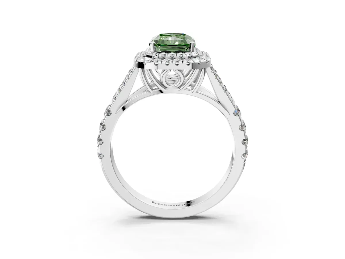 Fancy Green Radiant Cut Cut Double Halo Split Shank Diamond Ring with Prong Setting Platinum