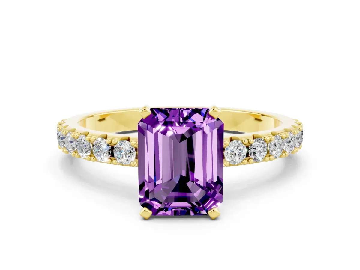 Emerald Cut Amethyst Solitaire Pavé Band with Four-Prong Setting Yellow gold